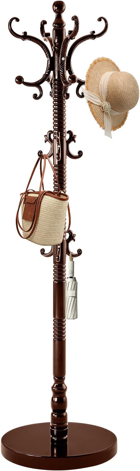 Wooden Coat Rack, Vintage Solid Wood Coat Rack Stand with 14 Hooks