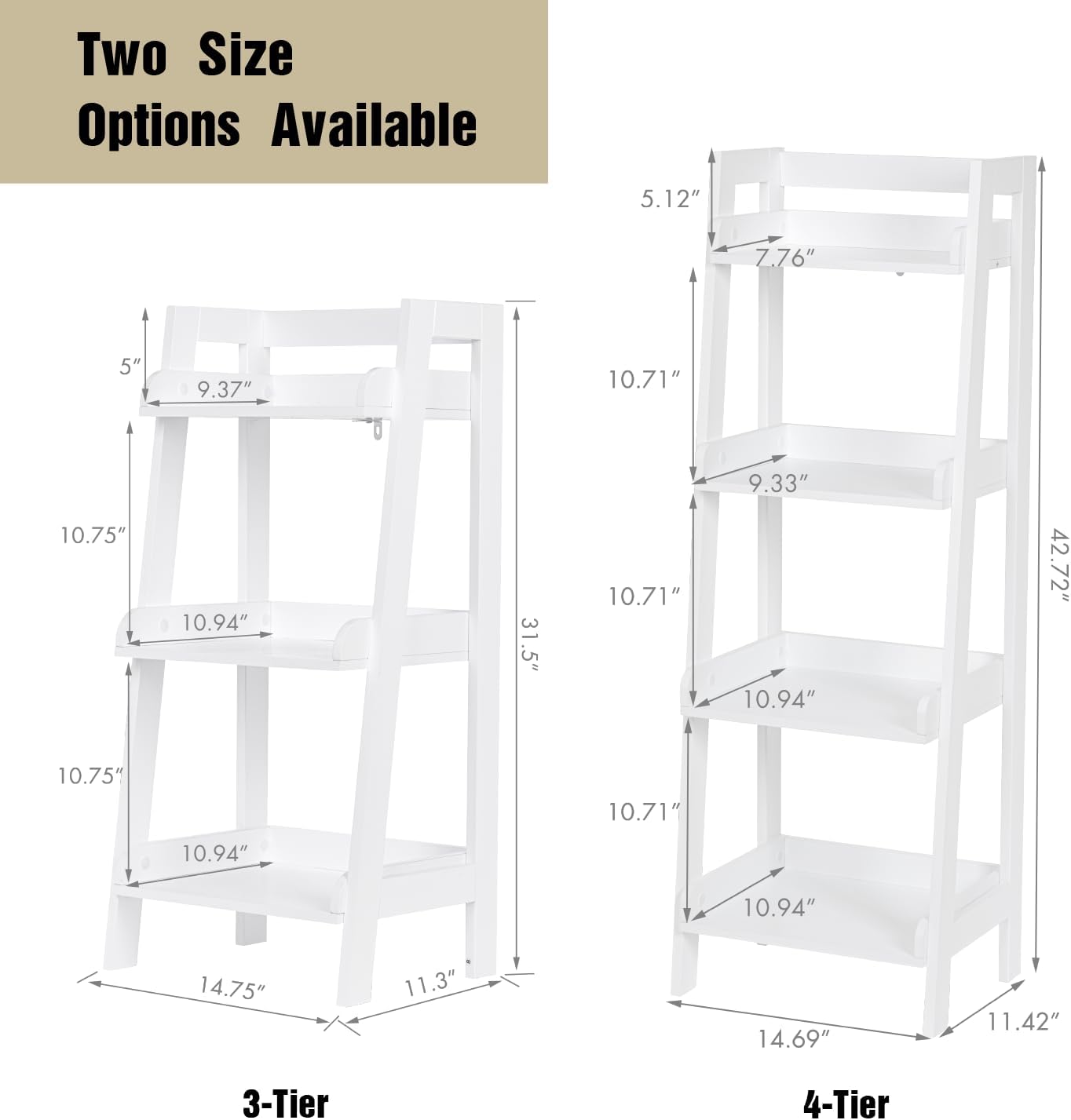 UTEX Freestanding Bathroom Storage Shelf with 4-Tier Ladder Design, White | 4 Fixed Shelves, A-Frame Ladder Design, Side and Back Guards, Anti-Tip Design, 14.69" W × 11.42" D × 42.7" H