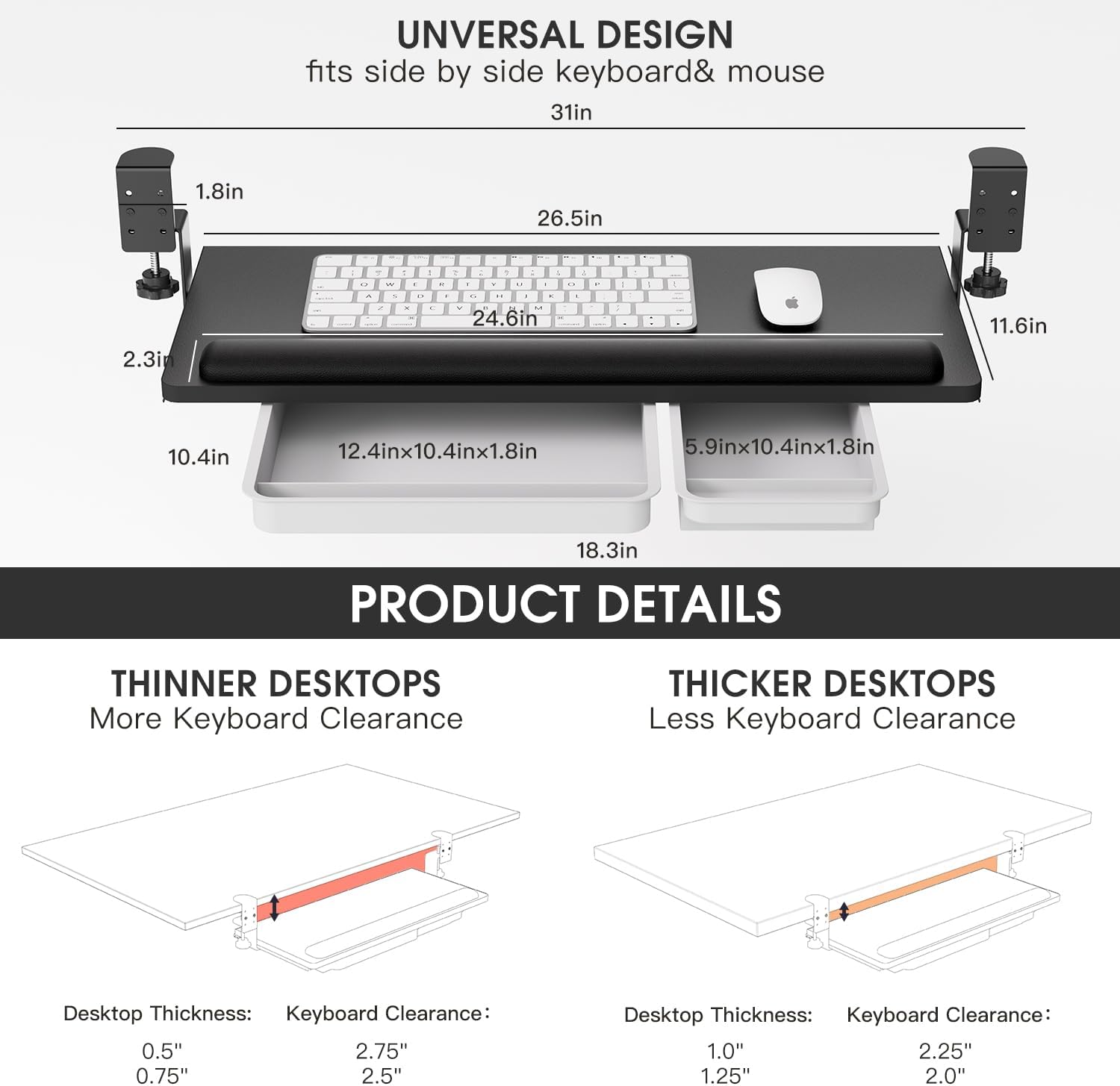 Keyboard Tray Under Desk with a Soft Wrist Rest，Under Desk Keyboard Tray Slide Out with 2 Storage Drawers，C Clamp-on Mount Ergonomic Keyboard Tray for Home and Office，26.5"x11.6"