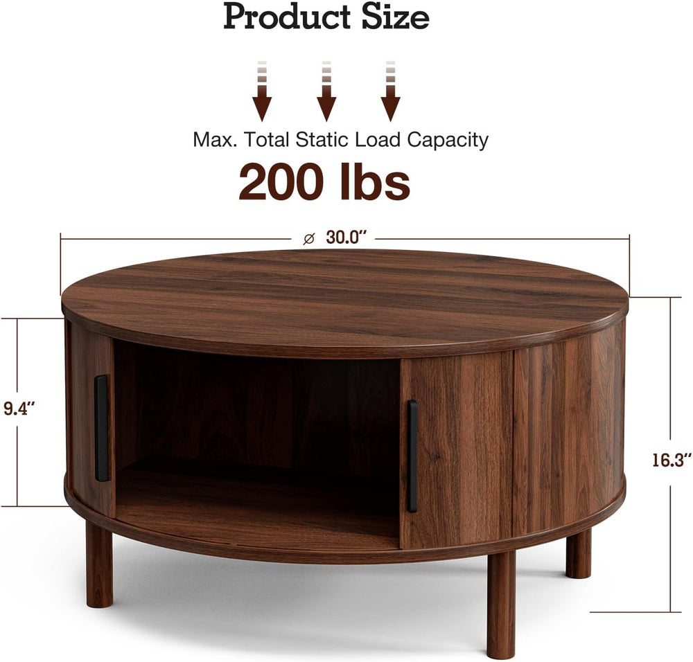 ZttRiee Round Coffee Table with Sliding Doors, Mid-Century, Walnut