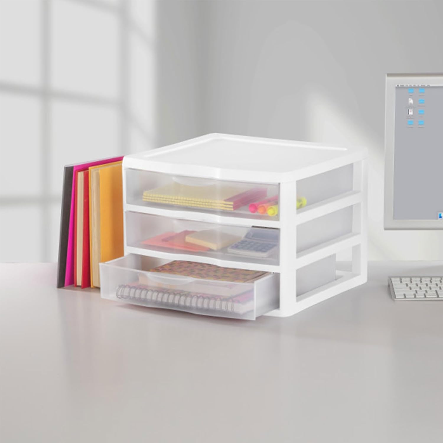 Sterilite 6-Pack Wide 3 Drawer Unit, Plastic Desktop Organizer with Clear Drawers, White Frame - Stackable Multi-Purpose Storage for Office Supplies, Craft Rooms, Classrooms and Home Organization
