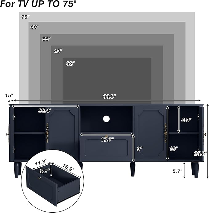 67” Mid-Century Modern TV Stand for 75+ inch TVs, Wood Entertainment Center with Storage Drawer, Long Media Console with Adjustable Shelves, Blue TV Cabinet for Living Room, Bedroom