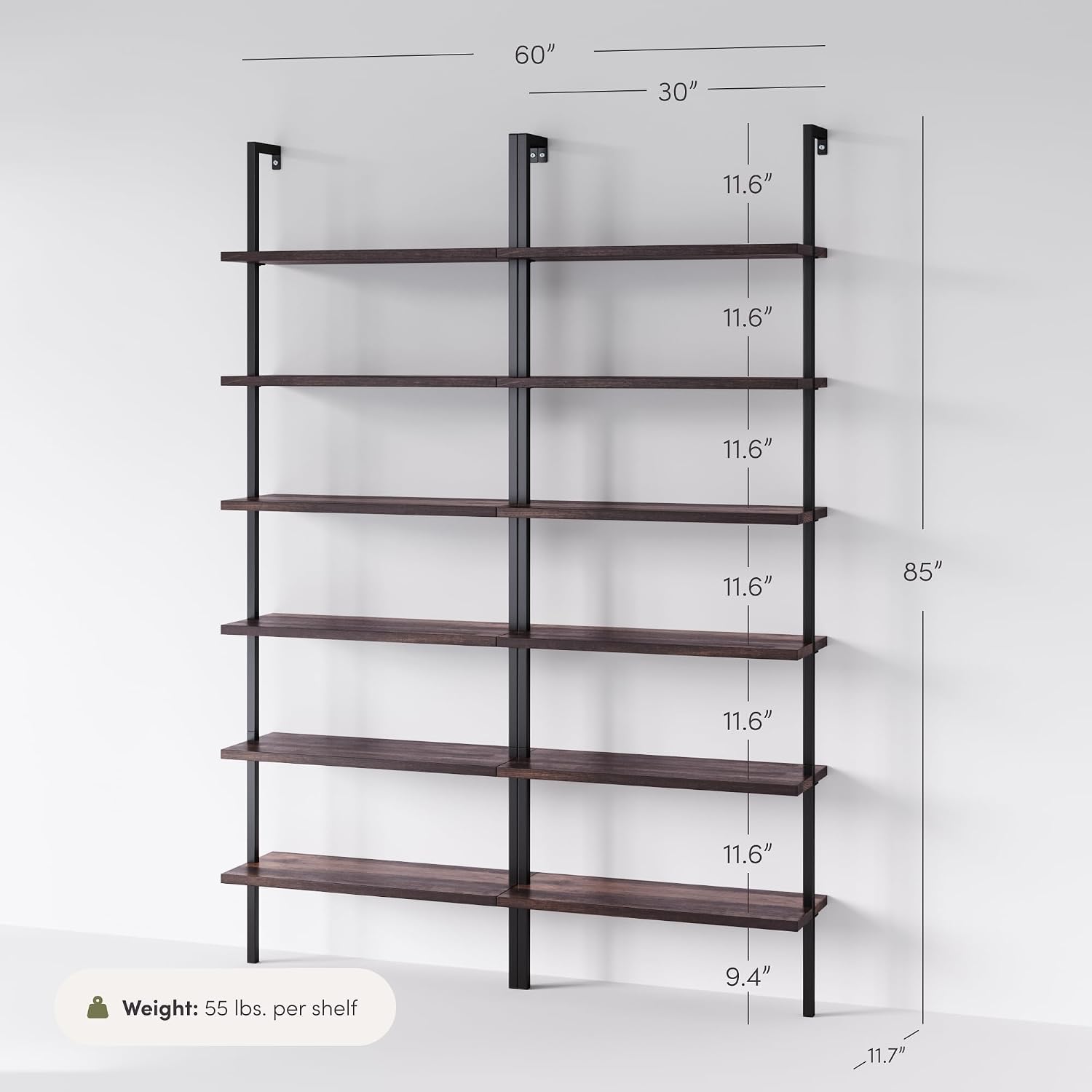 Nathan James Theo 6-Shelf Tall Bookcase, Wall Mount Bookshelf with Natural Wood Finish and Industrial Metal Frame, Nutmeg/Matte Black, Set of 2