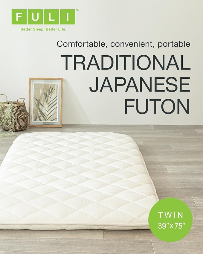 FULI Japanese Futon, Japanese Floor Bed, Tatami Foldable Bed, Roll Up Sleeping Pad, Shikibuton, Made in Japan (White, Twin)