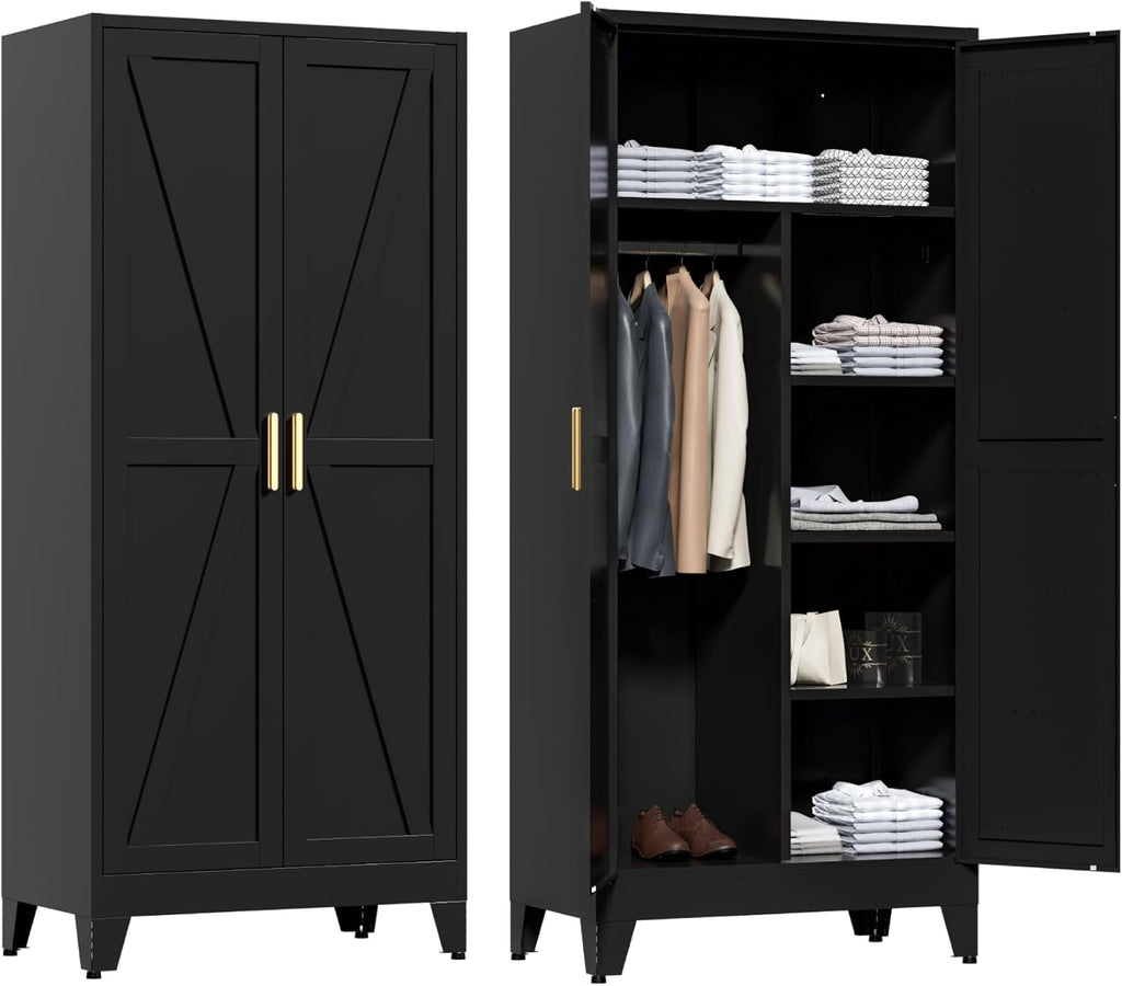 71" Tall Metal Wardrobe Closet with Adjustable Shelves and Hanging Rod, 2 Doors Office Storage Locker Cabinet for Home, Office, Bedroom, Laundry Room, Black