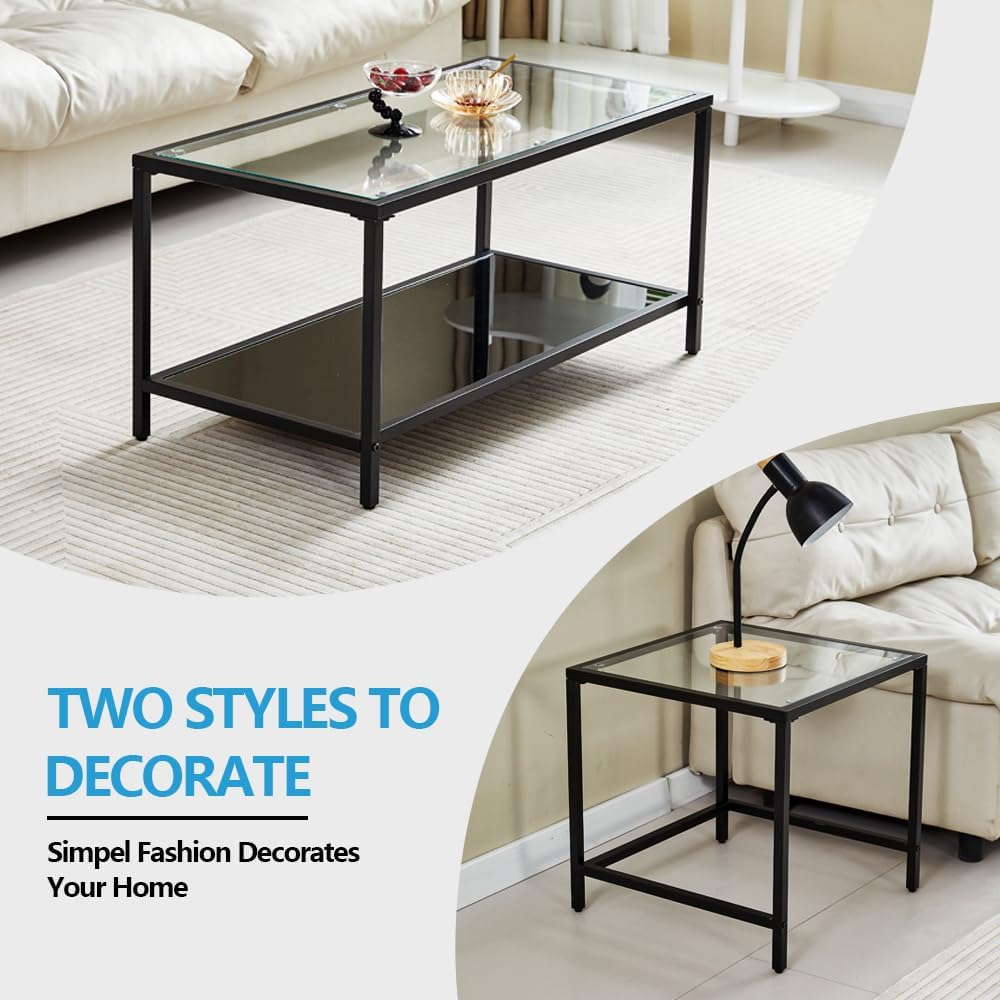 Coffee Table Nesting Set of 2, Center Coffee Table Set with Tempered Glass, M...