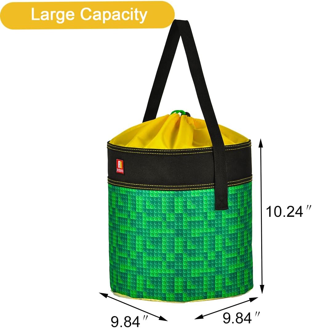 Toy Storage Organizer Basket Bag with Drawstring for Buliding Bricks, Blockets,Puzzles,Playroom Cinch Bucket Carrying Bag with Handle (Green)