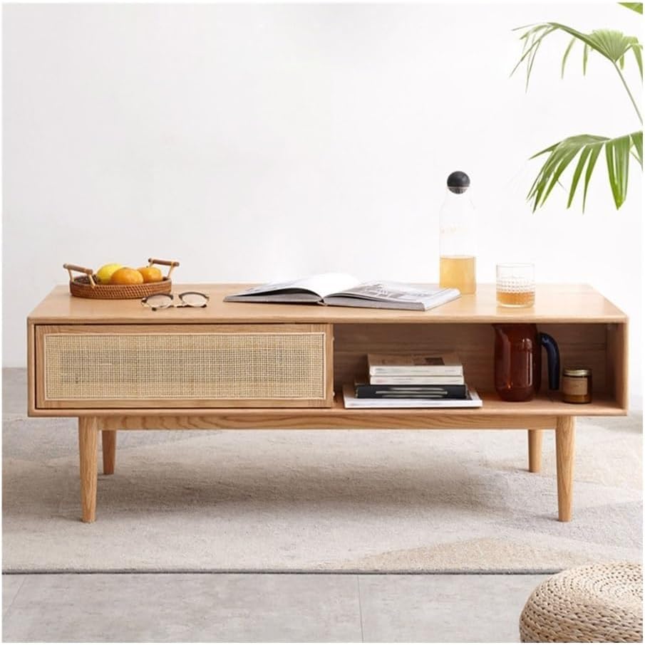 Dual-Sided Storage Coffee Table Sliding Door Drawer Light Finish Small Side T...