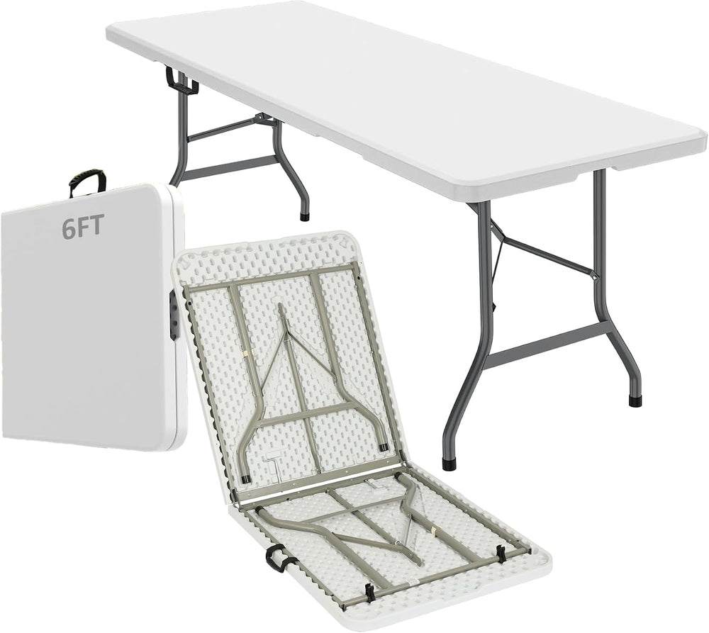 6FT Folding Table,Portable White HDPE Utility Table with Carry Handle | Durab...