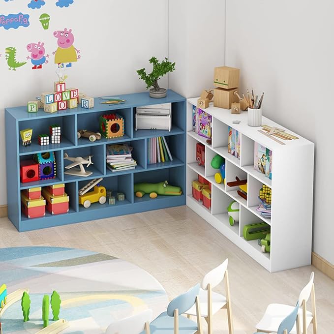 IOTXY Open Shelf Low Bookcase - Wooden 3-Tier Floor Standing Display Cabinet Organizer with Base, 7 Cubes Short Horizontal Bookshelf in Bright Blue