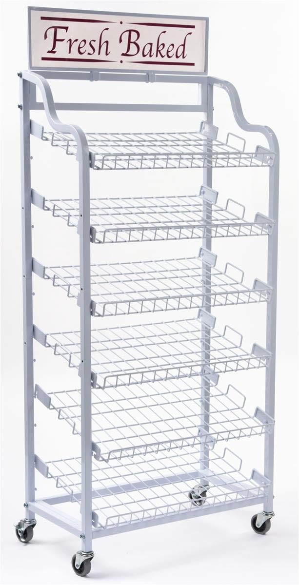 Displays2go Metal Wire Rack with Six Adjustable Shelves, Wire Display Rack with Wheels and Two Sign Holders
