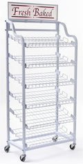 Displays2go Metal Wire Rack with Six Adjustable Shelves, Wire Display Rack with Wheels and Two Sign Holders