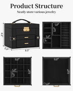 TORIBIO Jewelry Box for Women, Leather Jewelry Organizer with Mirror & Lock, 3-Tier Jewelry Storage Organizer with 2 Drawers for Girls/Women/Mothers, Necklace Earring Bracelets Holder Organizer