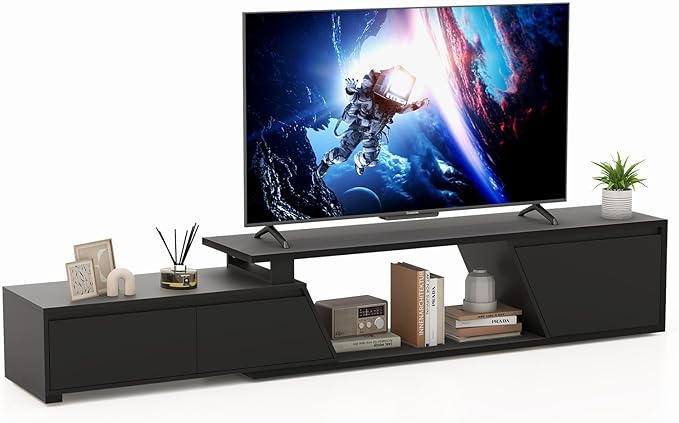 Verano Garden Extendable TV Stand with Led Lights, Wood TV Media Console with 2 Drawers & 1 Cabinet, Modern Entertainment Center Up to 90 Inch TV for Living Room Bedroom, 63" - 90.6" (Black)