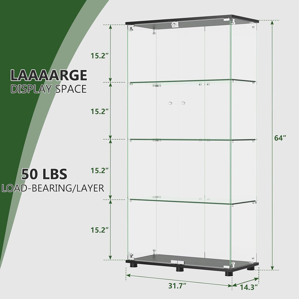 Glass Display Cabinet with 4-Shelf Double Door and Lock, 5mm Tempered Glass