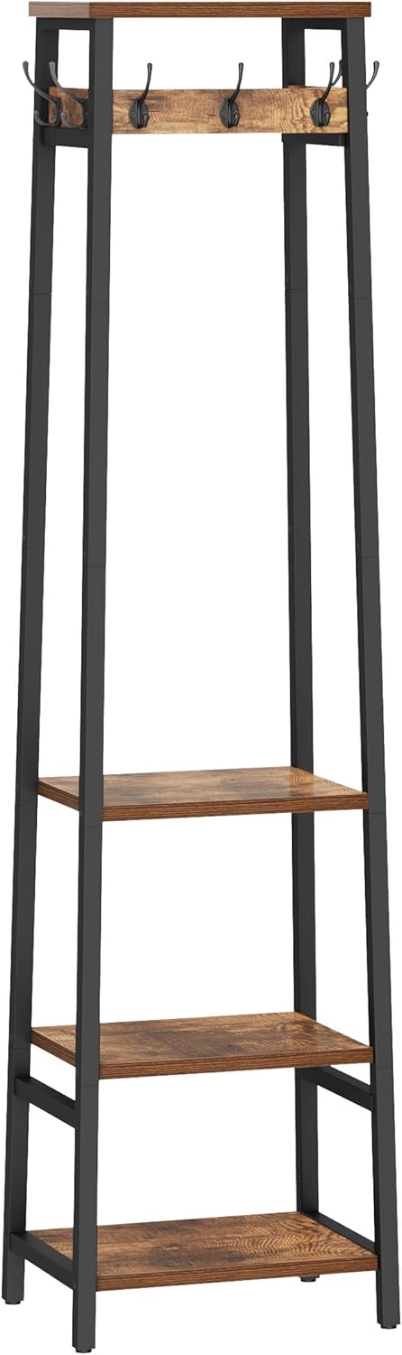 Coat Rack Freestanding, Coat Stand with 3 Shelves and 7 Hooks, Hall Tree Free Standing, Clothes Rack Stand Organizer, Industrial Style, Rustic Brown and Black