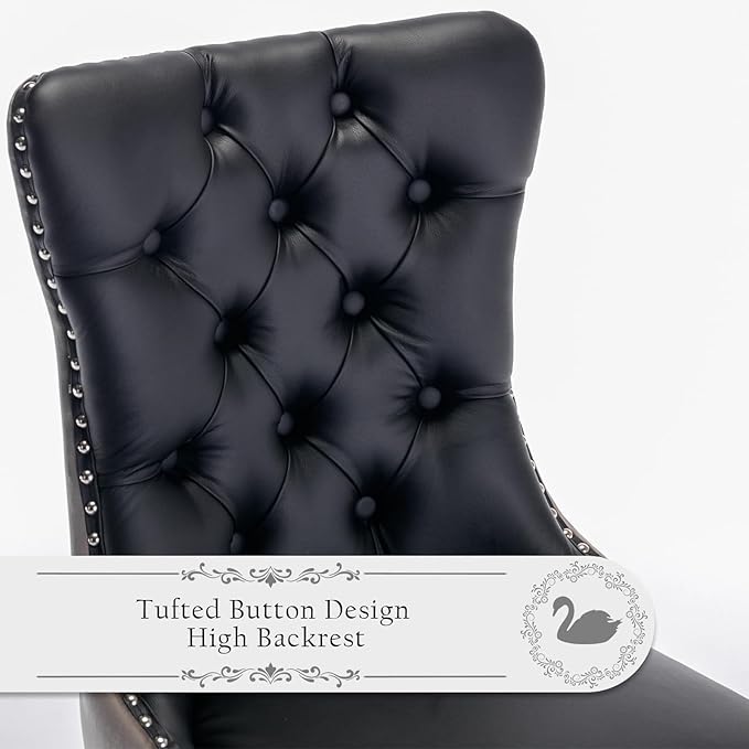 Leather Upholstered Dining Chairs Set of 2, Modern Style Kitchen Side Chairs with Nailhead Trim and Wood Leg, Metal Pulling Ring for Dining Room Living Room(Black&Grey,Set of 2)
