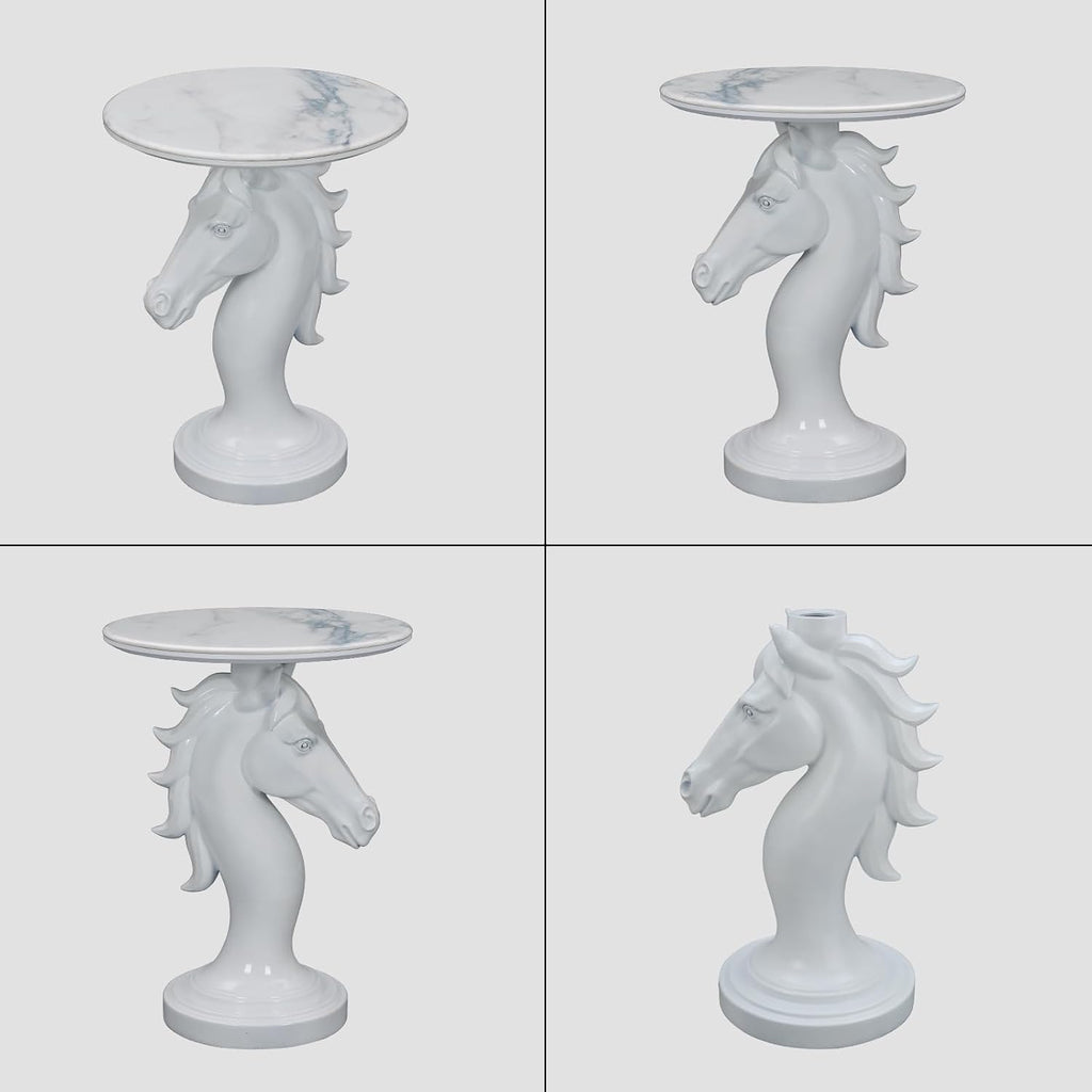 Modern Horse Statue Side Table - Round Faux Marble Top Accent Pedestal with Sculpture Base for Entryway & Living Room, White