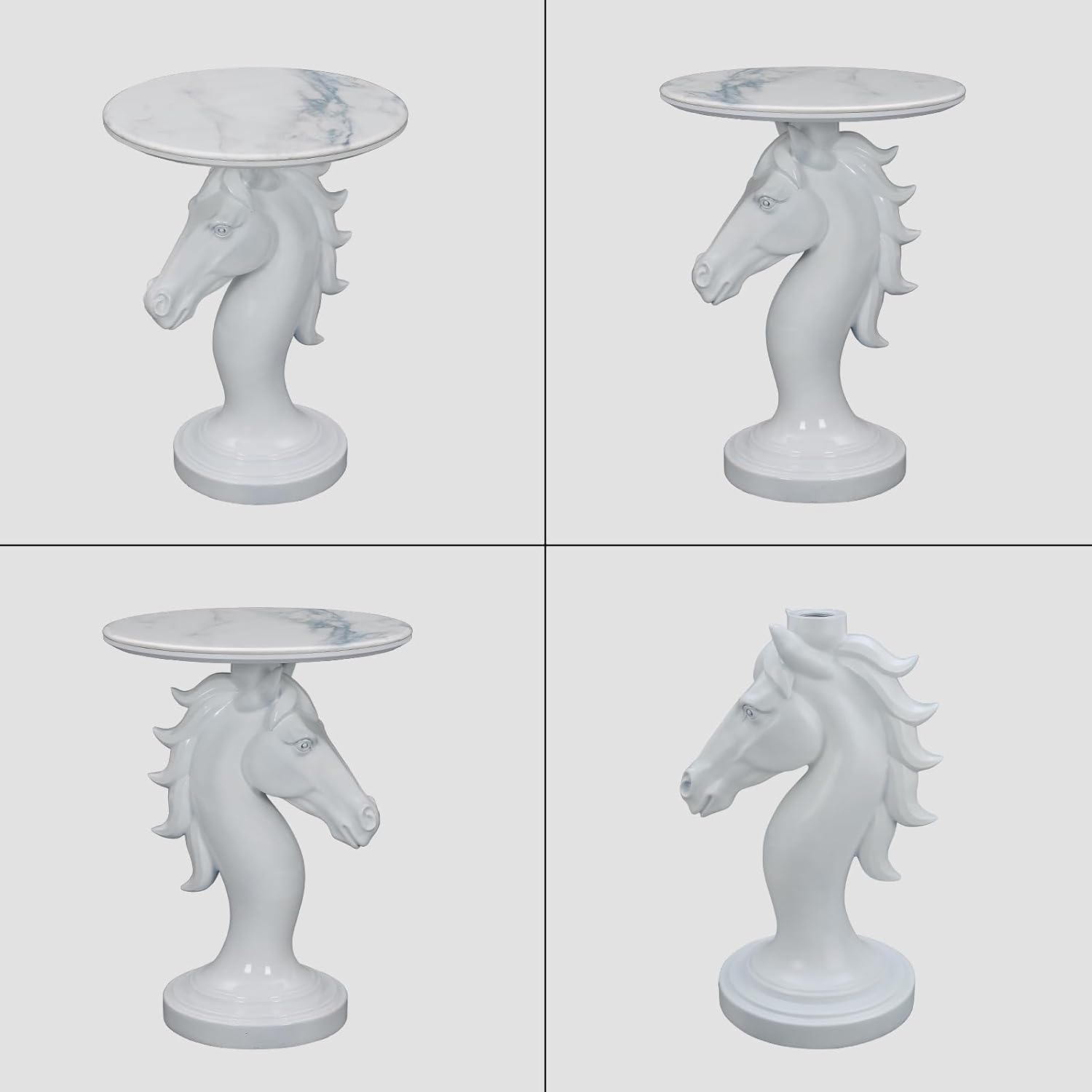 Modern Horse Statue Side Table - Round Faux Marble Top Accent Pedestal with Sculpture Base for Entryway & Living Room, White
