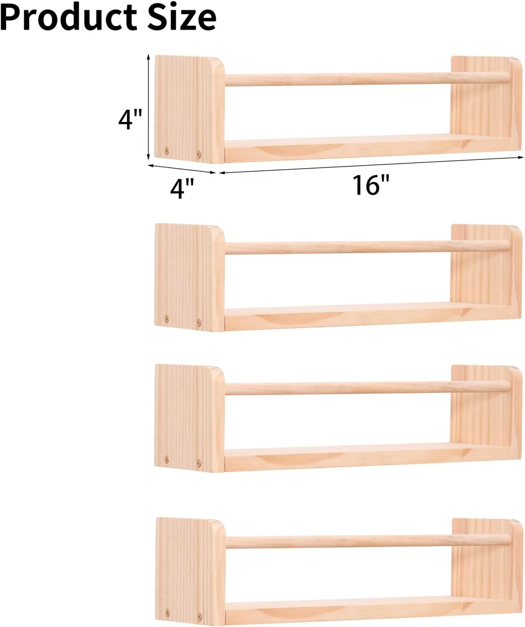 Set of 4 Wall-Mounted Kids Bookshelf - Pine Floating Nursery Book Shelves - Ideal for Nursery Shelf Decor ，Kids Room Toy Storage