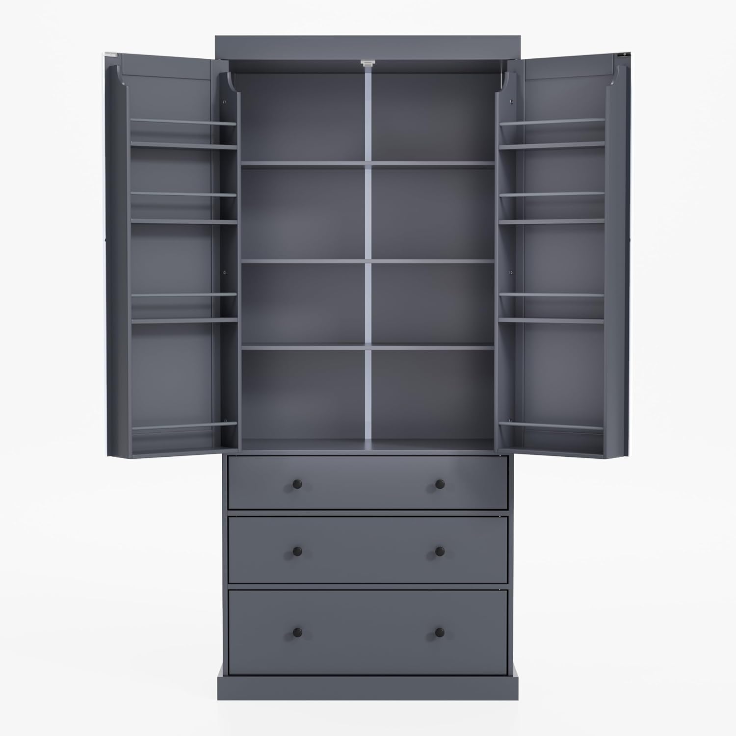 Freestanding Kitchen Pantry with 3 Dawers & 3 Shelves, Double Door with 6 Shelves, Rectangular Storage Cabinet, Modern, for Living Room, Dining Room, Gray