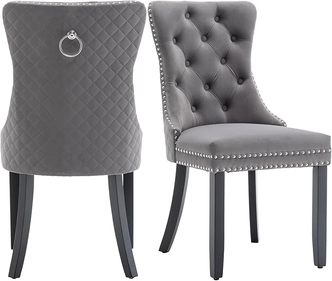 Velvet Dining Chairs Set of 2, Upholstered Dining Room Chairs with Nailhead Trim, Sillas de Comedor Modernas 2, Wooden Kitchen Chairs for Dining Room, Living Room, Kitchen, Bedroom, Grey