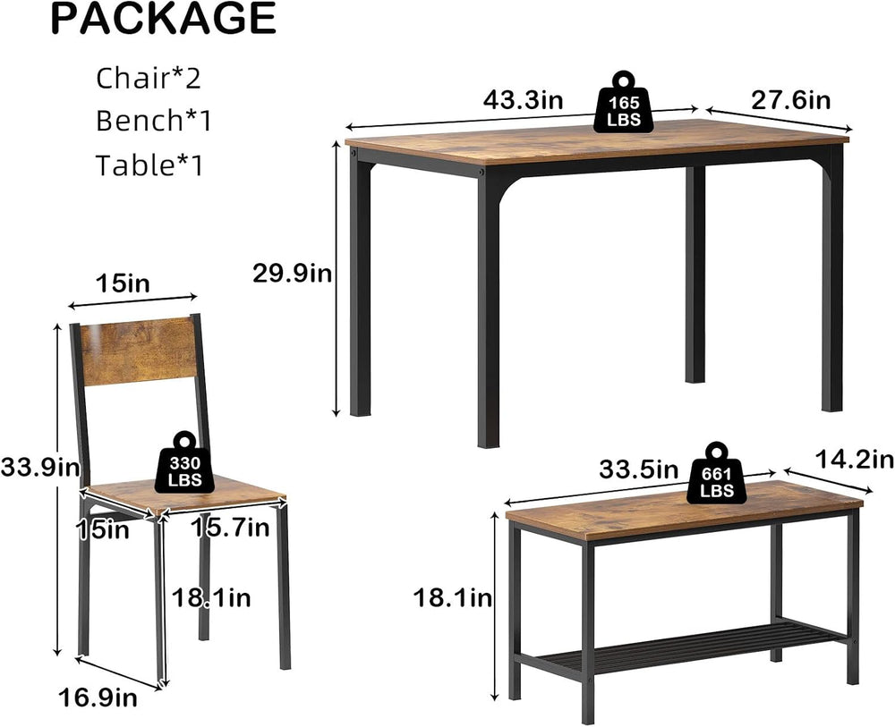 soges Kitchen Nesting Dining Table with 2 Chairs & Bench, Rustic Brown | ...