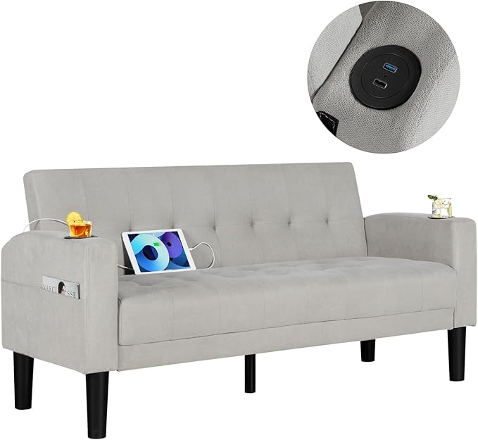 AILEEKISS 62" Loveseat Couches Upholstered Fabric Linen Love Seat Sofas Couch with 2 USB, Cup Holders, Side Pocket, Modern Tufted Sofa for Living Room, Office, Bedroom, Apartment (2-Seat, Light Grey)
