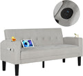 AILEEKISS 62" Loveseat Couches Upholstered Fabric Linen Love Seat Sofas Couch with 2 USB, Cup Holders, Side Pocket, Modern Tufted Sofa for Living Room, Office, Bedroom, Apartment (2-Seat, Light Grey)