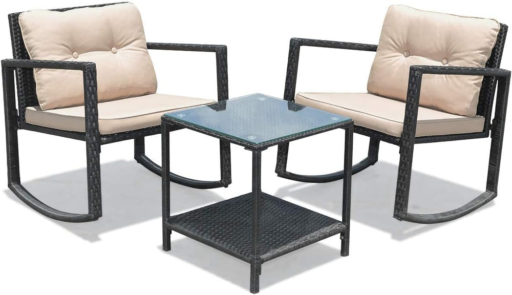 HAPPYGRILL 3-Piece Rocking Bistro Set Outdoor Patio Rocking Chairs with Coffe...