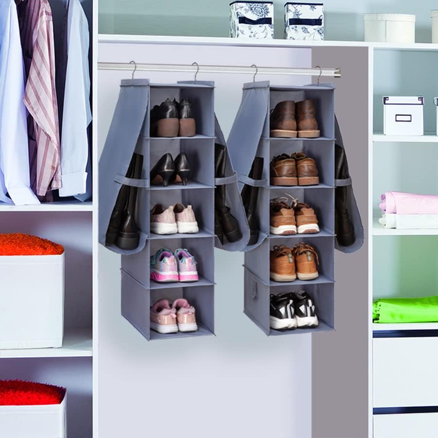 Hanging Shoe Organizer for Closet Footwear Boots Storage Shelf | Hang Closet Organization Storing Shelves Rack Display Shoes Boots Clothes 10-Shelf 4 Pockets Space Saver Oxford Cloth 2 Pack