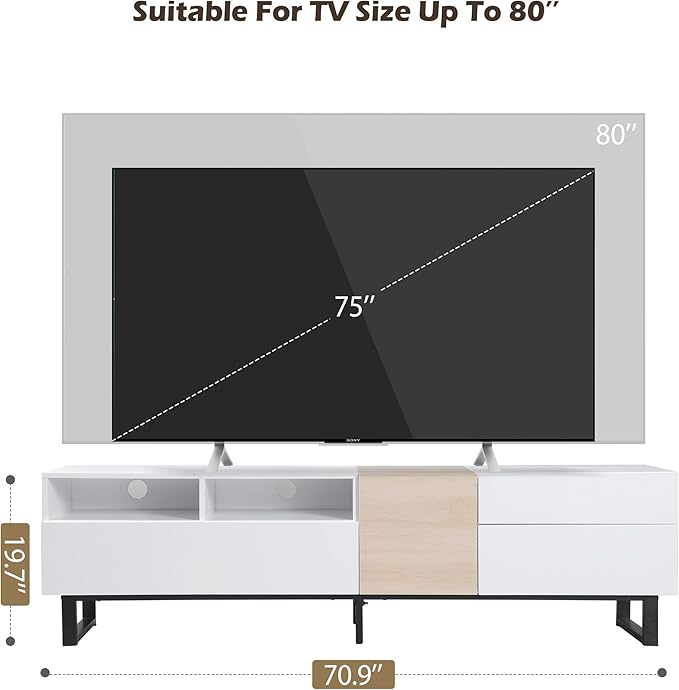 Bellemave TV Stand for TVs up to 80", Modern Entertainment Center with Cabinets, Drawers & Open Shelves, Wooden Media Console with Storage for Living Room, Bedroom & Home Theatre (White)