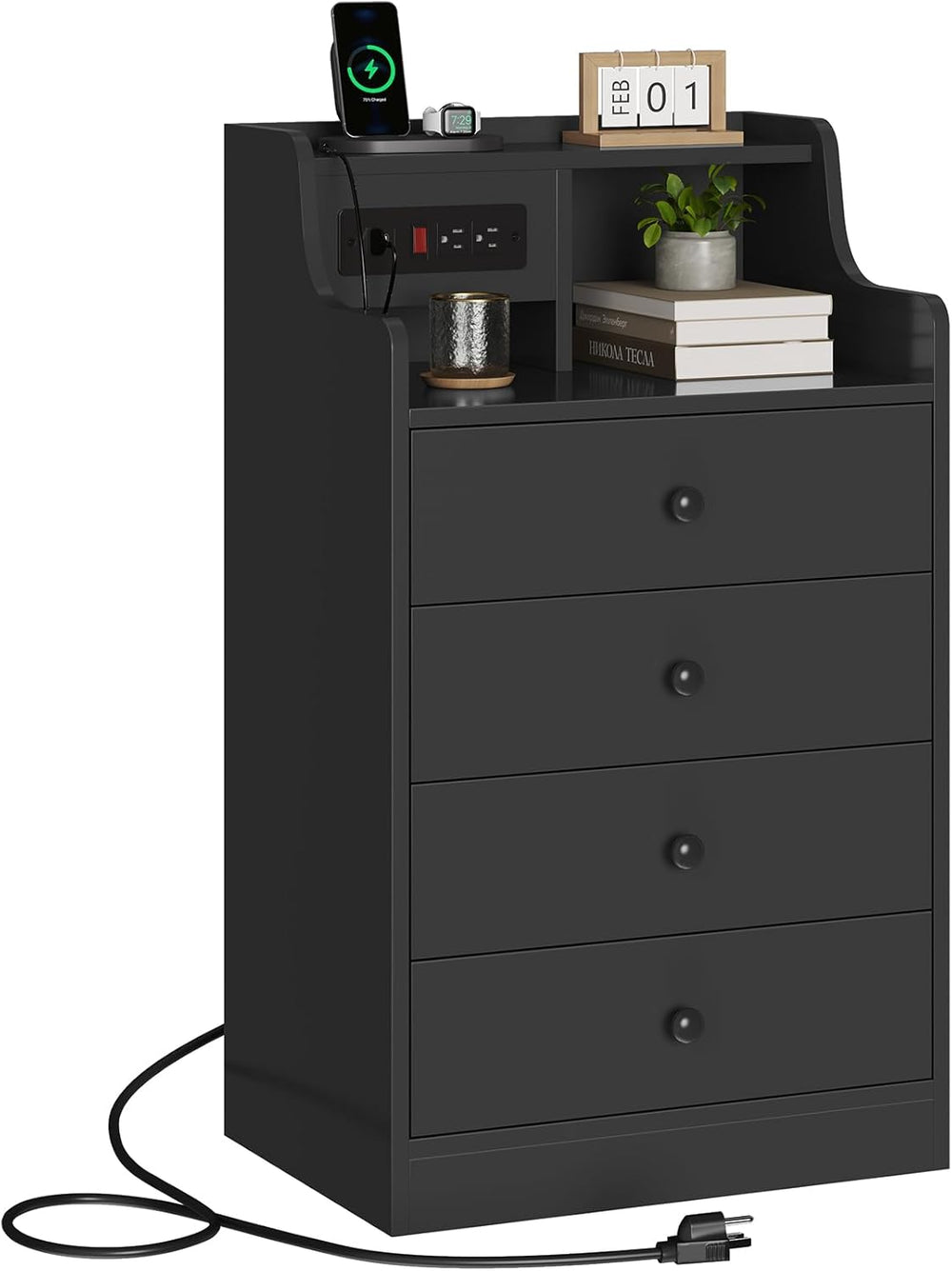 ADORNEVE Nightstand with Charging Station & Hutch,Black | Tall Bedside Ta...
