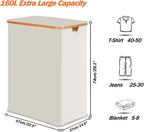efluky Laundry Hamper with Lid, Trio Laundry Hamper with 3 Removable Bags, 3 Section Laundry Basket with Bamboo Handles for Bathroom, Bedroom & Laundry Room, 160L Beige