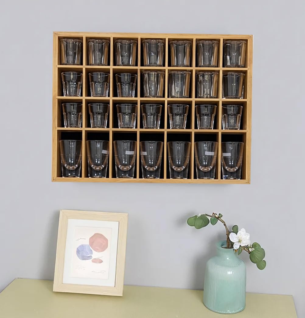 Shot Glass Display Case, Stylish Natural Varnished Glass Display Case for Display, 28 Slots Freestanding & Wall Mountable Shot Glass Holder, Perfect for Collectors - (with 1 Row for Tall Shooters)