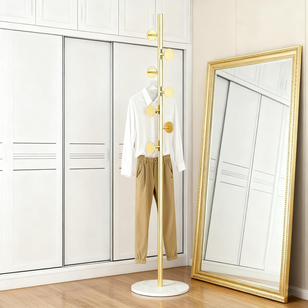 Coat Rack Freestanding with Marble Rock Slab Base, Heavy Duty Sturdy Stable Metal Tree Clothes Racks with 7 Staggered Round Hooks, Coat Hanger for Clothing Hats Bags Purses, for Room Entryway Bedroom