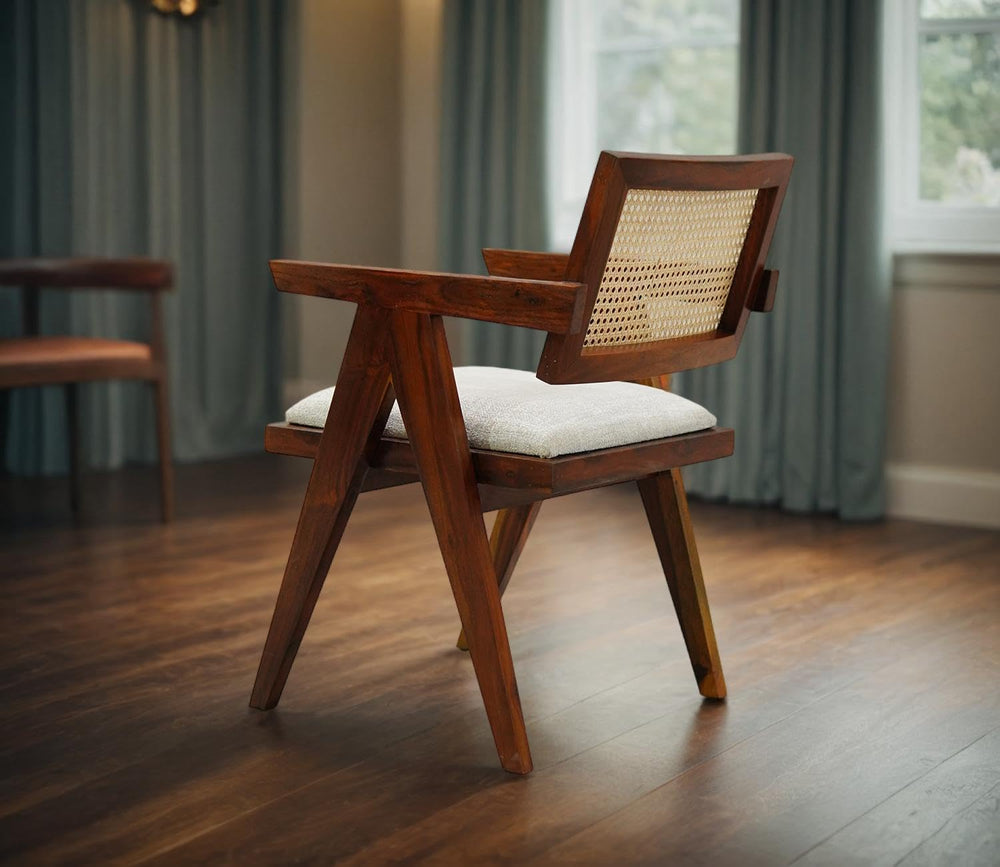 Solid Sheesham Wood Arm Chair with Cushion and Cane Back Support Chair Living...