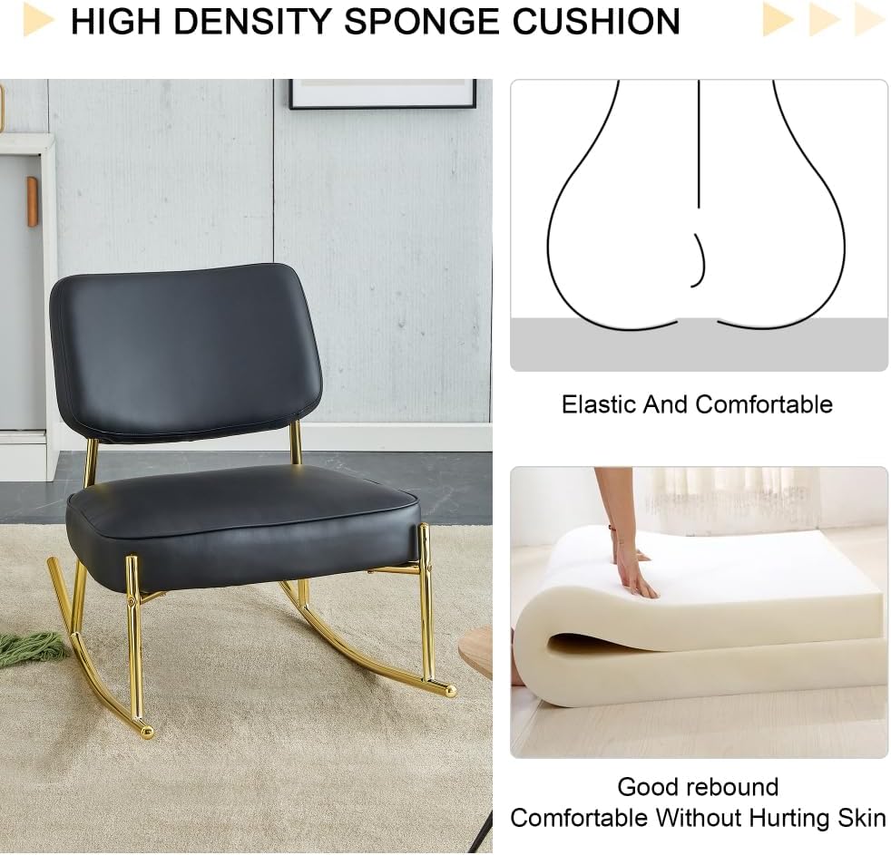 Modern Rocking Chair with PU Cushioned Seat, Black Backrest, Gold Metal Legs ...