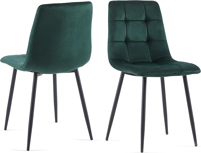 NORDICANA Forest Green Velvet Dinner Chairs Set of 2, Modern Armless Biscuit Tufted Dining Side Chairs with Metal Legs for Kitchen Living Room Vanity