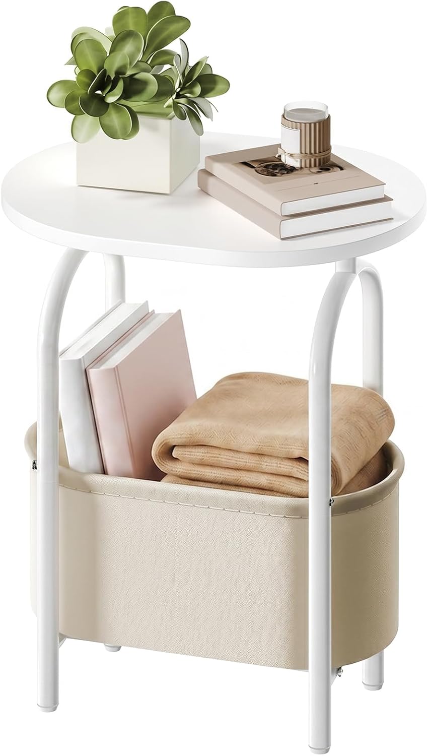 RALGEND Small Round Side Table with Fabric Basket Storage, Oval End Table for...