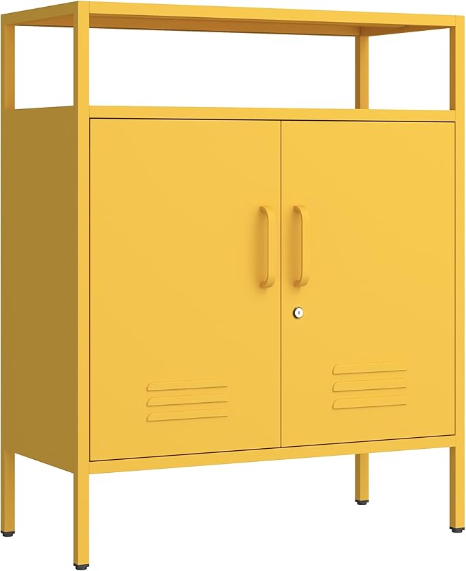 Multifunctional Lockable Storage Cabinet, 3-Tier Side Cabinet with Power Strip & USB Ports, Adjustable Shelf, for Living Room, Home, Office, Yellow 33" H X 29.5" W X 13.8" D