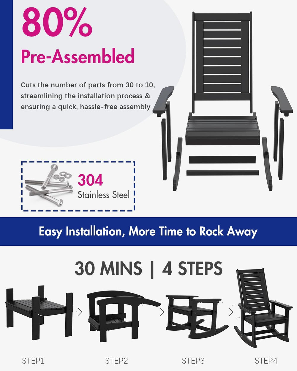 BRIOPAWS Outdoor Rocking Chairs | Set of 2 | Porch Rockers | HDPE Plastic| Bl...