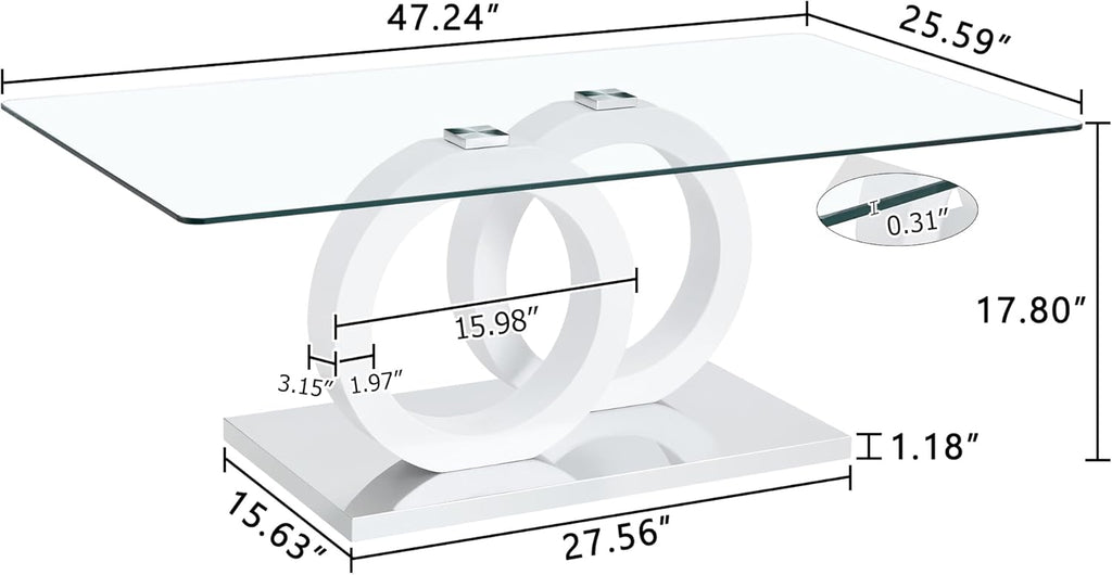 Glass Coffee Table for Living Room, White Modern Rectangular Center Table, 47” Living Room Table with Clear Tempered Glass Top with MDF OO Legs and Silver Metal Base (White, 47.2 inches)