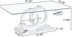 Glass Coffee Table for Living Room, White Modern Rectangular Center Table, 47” Living Room Table with Clear Tempered Glass Top with MDF OO Legs and Silver Metal Base (White, 47.2 inches)