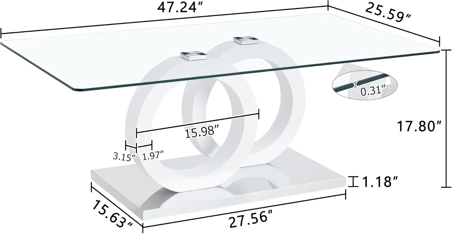 Glass Coffee Table for Living Room, White Modern Rectangular Center Table, 47” Living Room Table with Clear Tempered Glass Top with MDF OO Legs and Silver Metal Base (White, 47.2 inches)