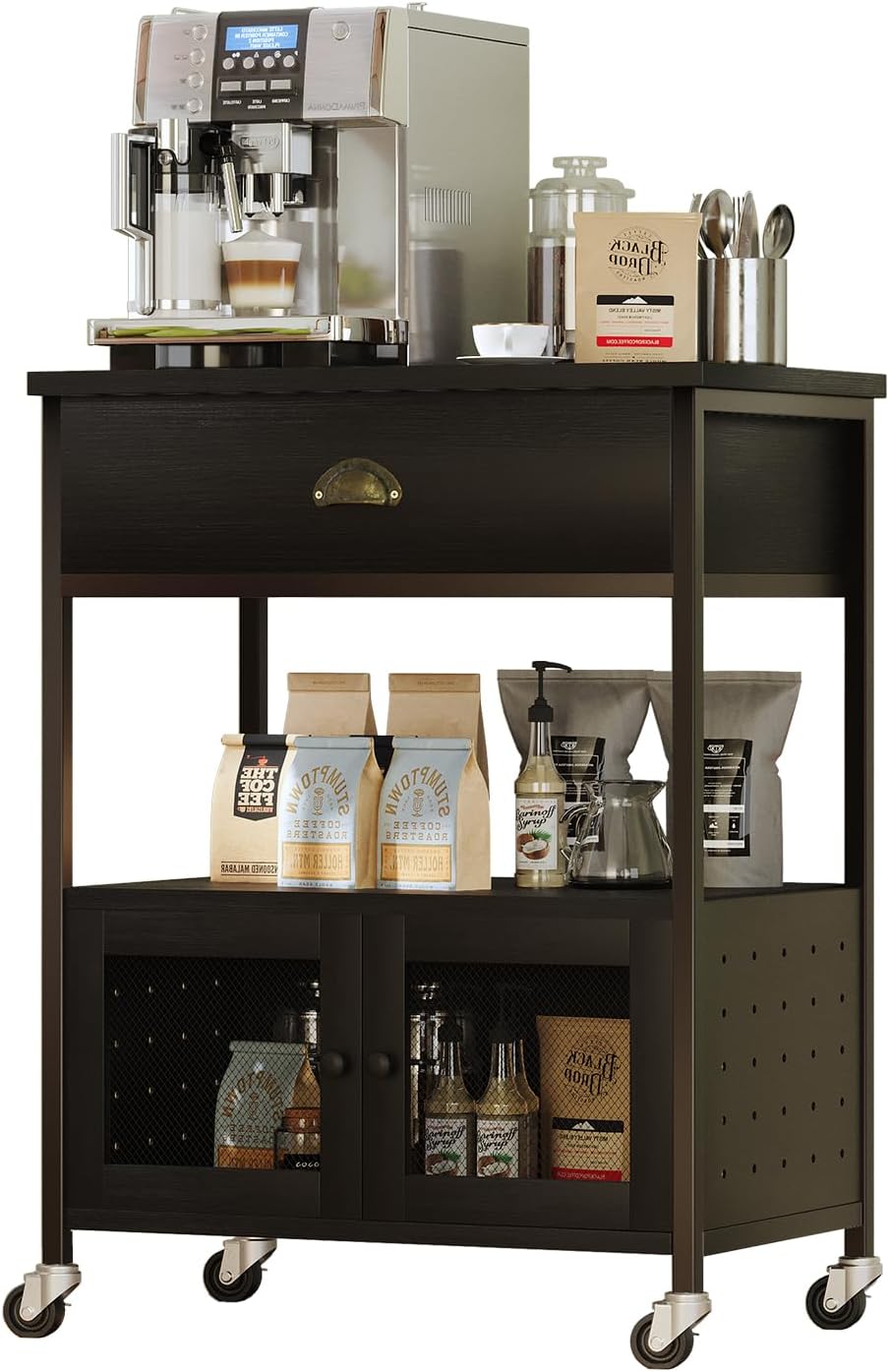 Catrimown Coffee Bar Cart Cabinet,3 Tier Coffee Station Table on Wheels,Coffee Cart with Storage for Home Kitchen, Liquor Buffet Sideboard Cabinet, Black