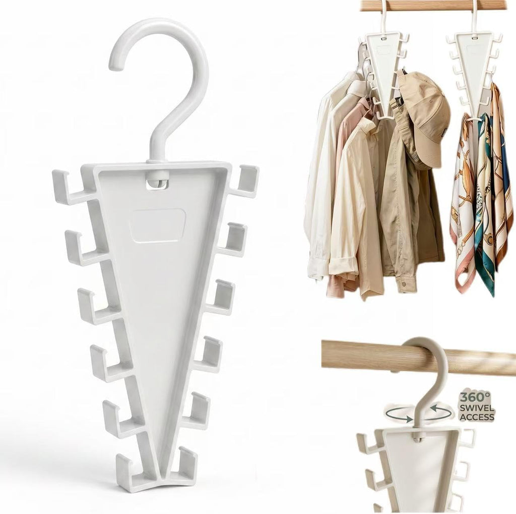 V-Shape 12-Hook Rotating Hanger, 360° Space Saving Closet Organizer, Multi-Functional Wardrobe Storage Rack for Clothes, Hats, Scarves, Ties - Durable ABS Home & Dorm Essentials (White, 2-Pack)