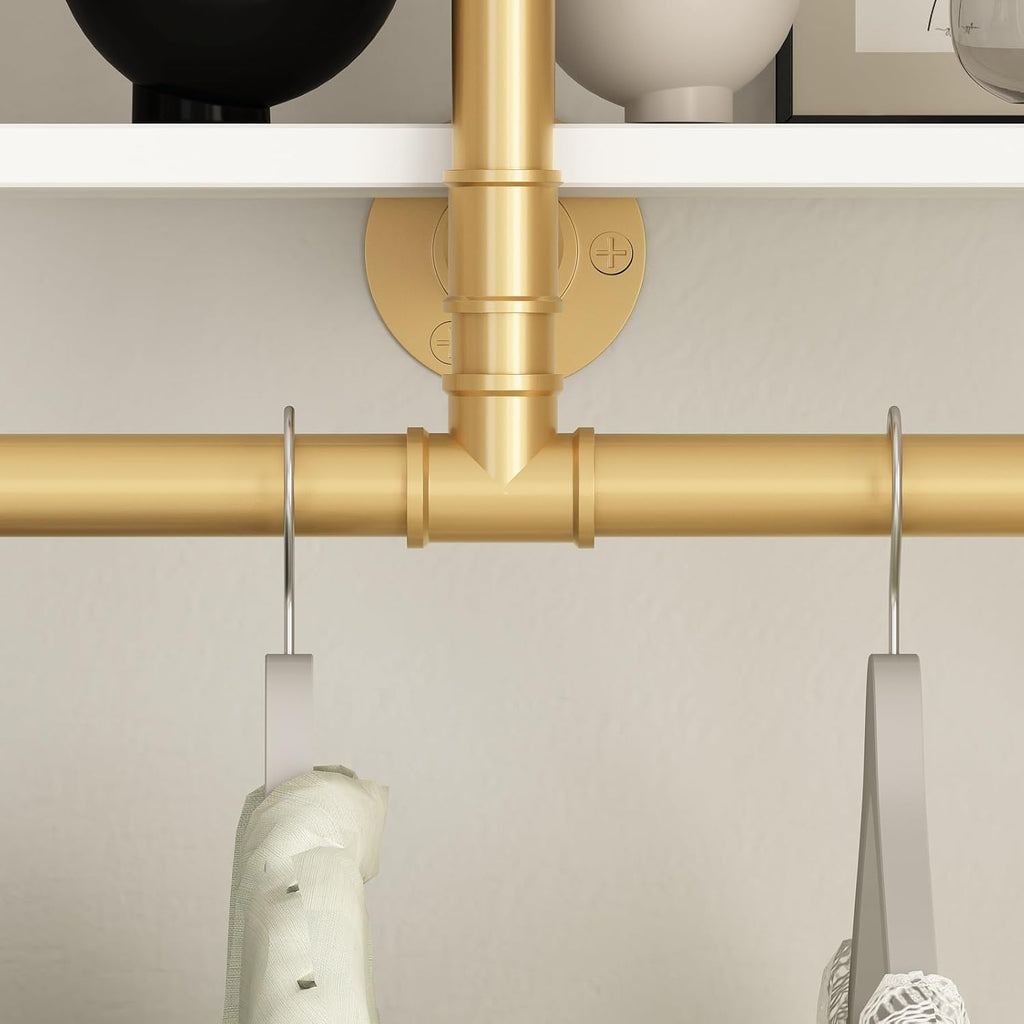 ORSENIGO Industrial Pipe Clothing Rack with Shelves, Gold Wall Mounted Clothes Rack for Home Retail
