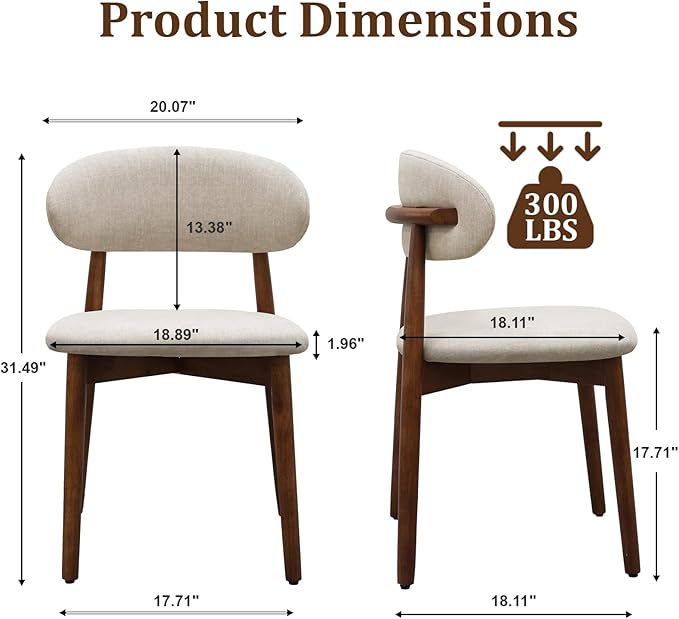 Farmhouse Dining Chairs Set of 4, Mid Century Modern Wooden Dining Room Chairs, Farmhouse Fabric Upholstered Kitchen Dinner Chairs for Living Room Restaurant Cafe, Walnut/Warm Grey