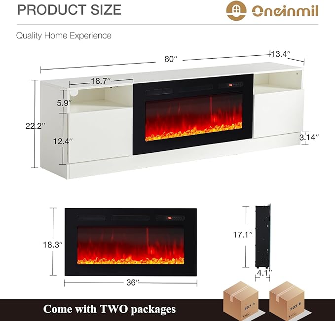 oneinmil 80” TV Stand with 36” Electric Fireplace, Large Modern Media Entertainment Center with Storage Cabinet and 12 Colors LED Lights for TVs Up to 90", White+Black